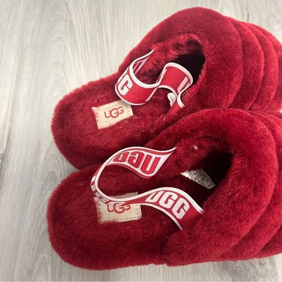 UGG Slippers Women’s 7 Red Fluff Yeah Logo Slide Platform - Picture 3 of 8